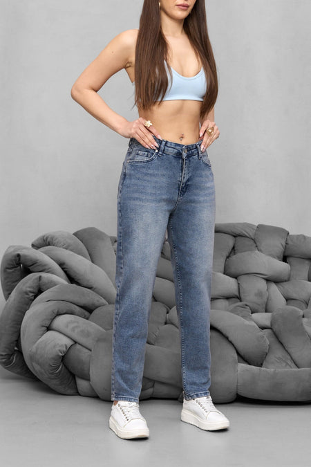 Kadın Yüksek Bel Likralı Yumuşak dokulu Comfort Mom Jeans Gök Mavi - MALLTURK