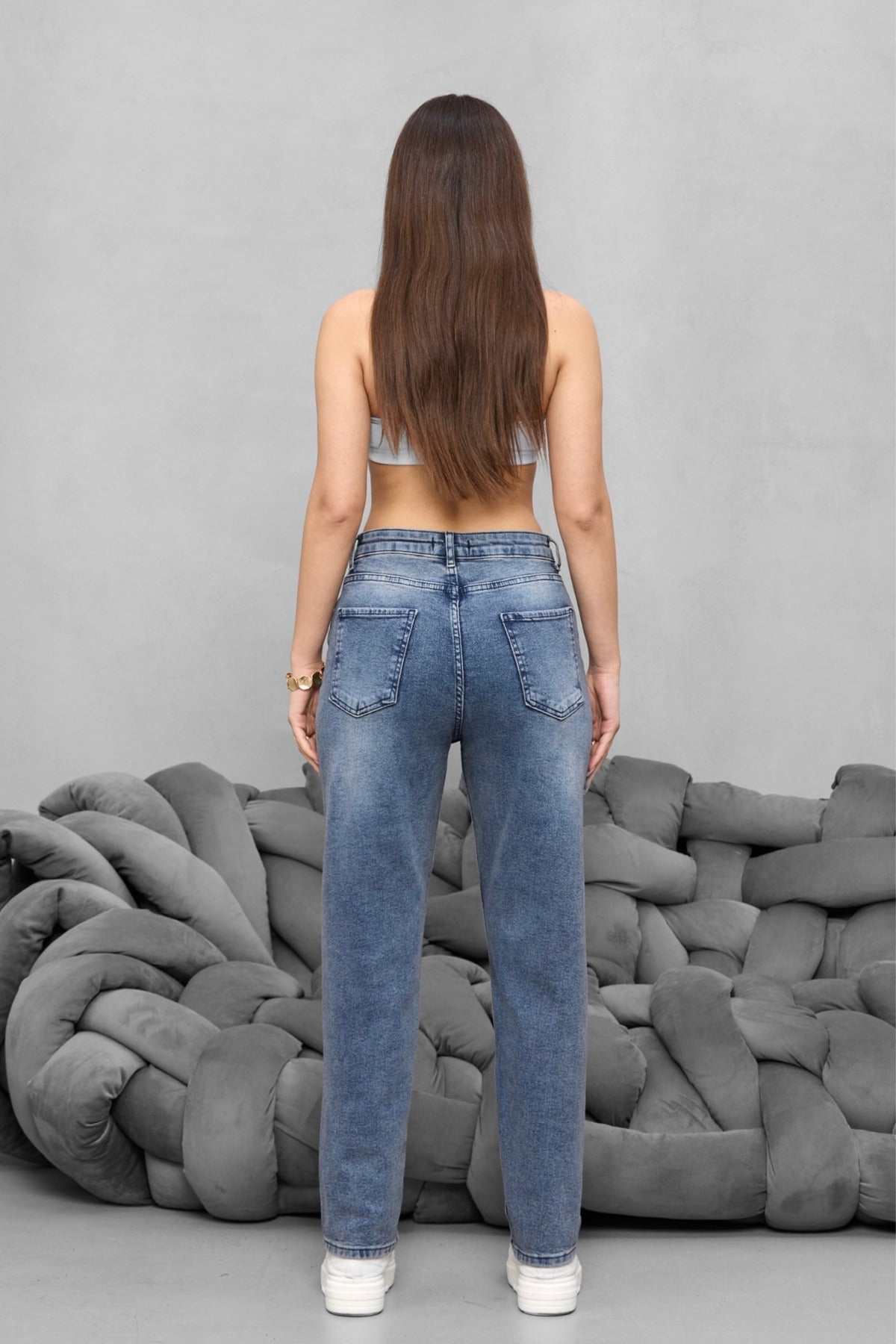 Kadın Yüksek Bel Likralı Yumuşak dokulu Comfort Mom Jeans Gök Mavi - MALLTURK