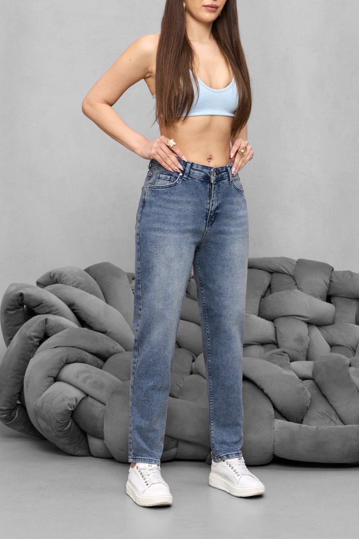 Kadın Yüksek Bel Likralı Yumuşak dokulu Comfort Mom Jeans Mavi - MALLTURK