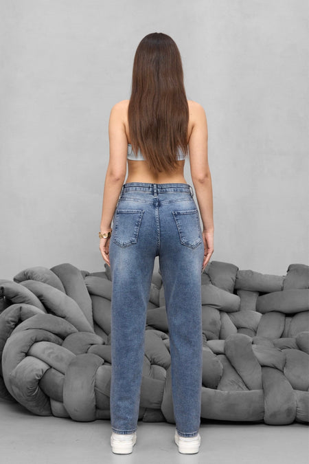 Kadın Yüksek Bel Likralı Yumuşak dokulu Comfort Mom Jeans Mavi - MALLTURK