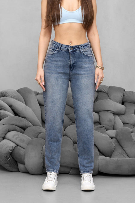 Kadın Yüksek Bel Likralı Yumuşak dokulu Comfort Mom Jeans Mavi - MALLTURK