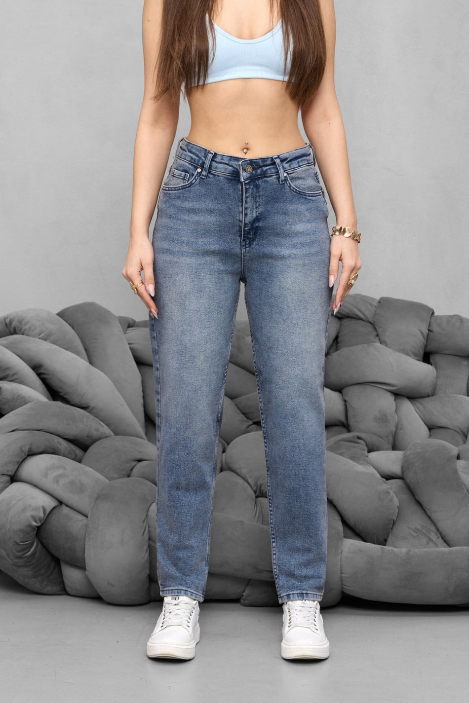 Kadın Yüksek Bel Likralı Yumuşak dokulu Comfort Mom Jeans Mavi - MALLTURK