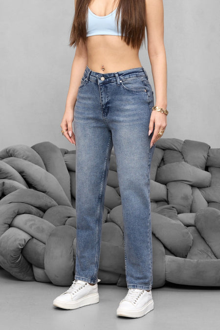 Kadın Yüksek Bel Likralı Yumuşak dokulu Comfort Mom Jeans Mavi - MALLTURK