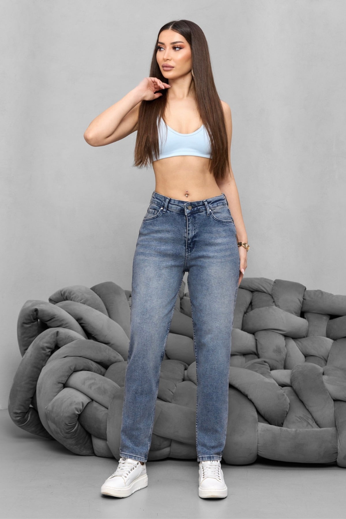 Kadın Yüksek Bel Likralı Yumuşak dokulu Comfort Mom Jeans Mavi - MALLTURK