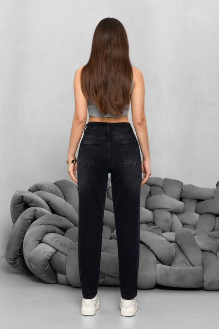 Kadın Yüksek Bel Likralı Yumuşak dokulu Comfort Mom Jeans Siyah - MALLTURK