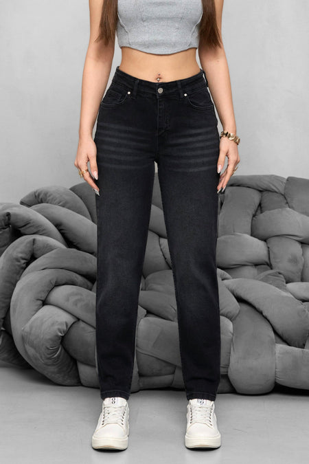Kadın Yüksek Bel Likralı Yumuşak dokulu Comfort Mom Jeans Siyah - MALLTURK