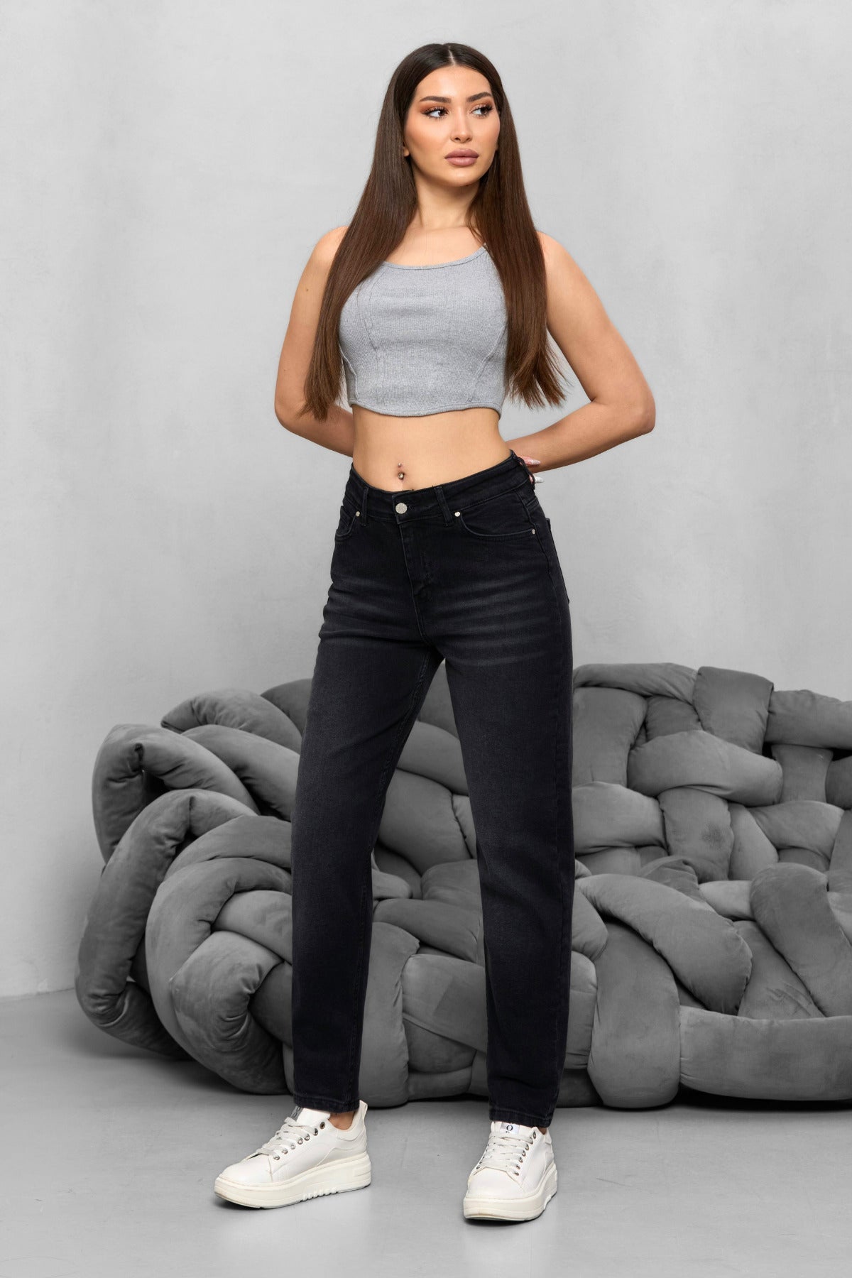 Kadın Yüksek Bel Likralı Yumuşak dokulu Comfort Mom Jeans Siyah - MALLTURK