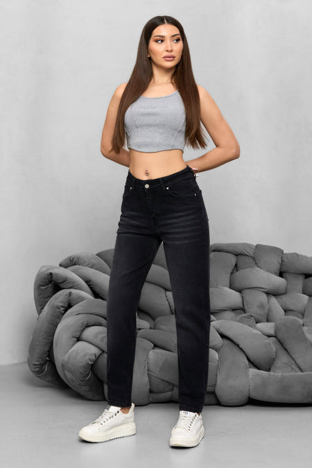 Kadın Yüksek Bel Likralı Yumuşak dokulu Comfort Mom Jeans Siyah - MALLTURK