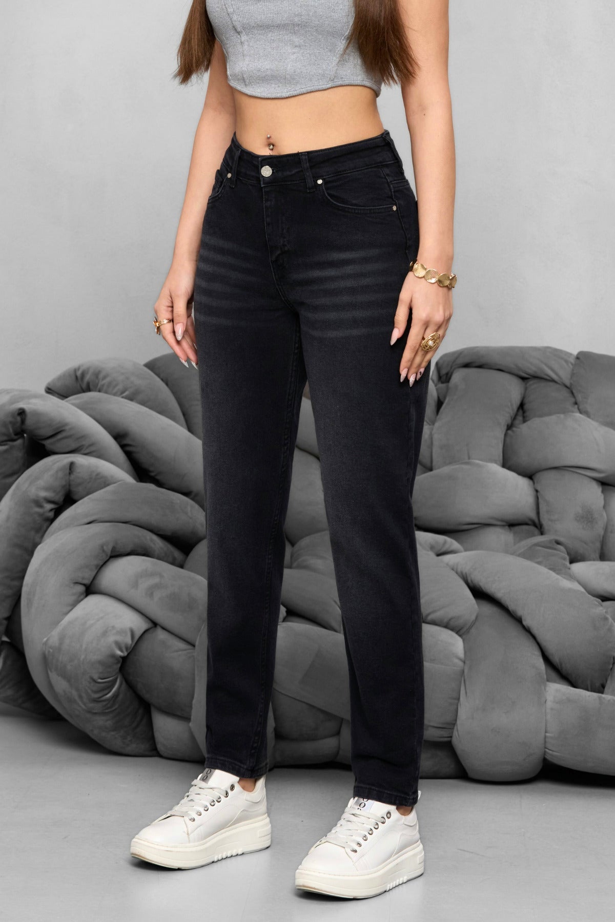 Kadın Yüksek Bel Likralı Yumuşak dokulu Comfort Mom Jeans Siyah - MALLTURK