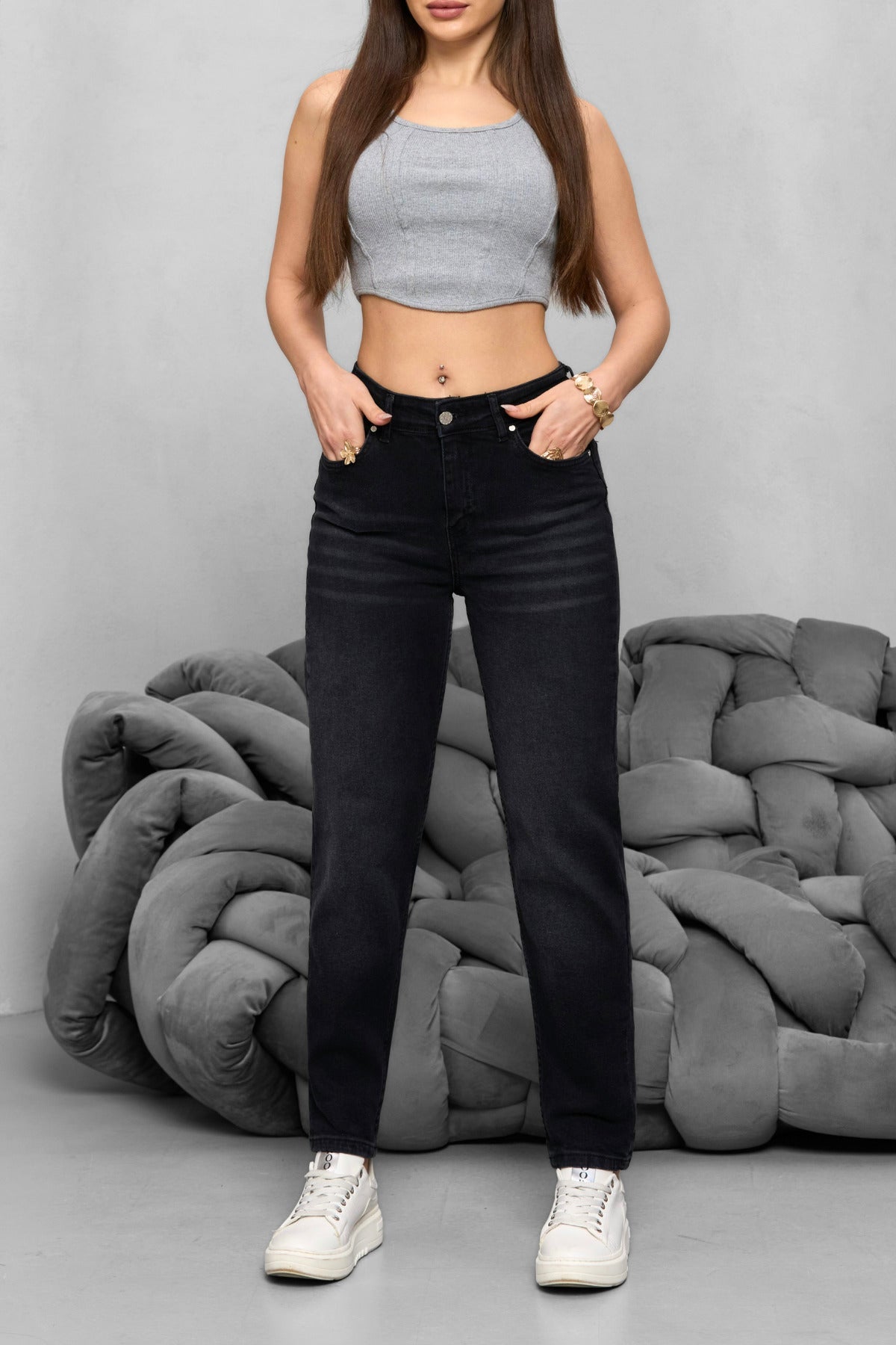 Kadın Yüksek Bel Likralı Yumuşak dokulu Comfort Mom Jeans Siyah - MALLTURK