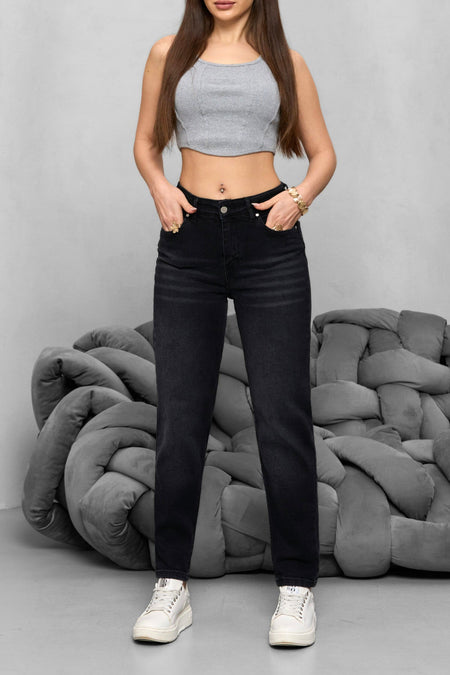Kadın Yüksek Bel Likralı Yumuşak dokulu Comfort Mom Jeans Siyah - MALLTURK