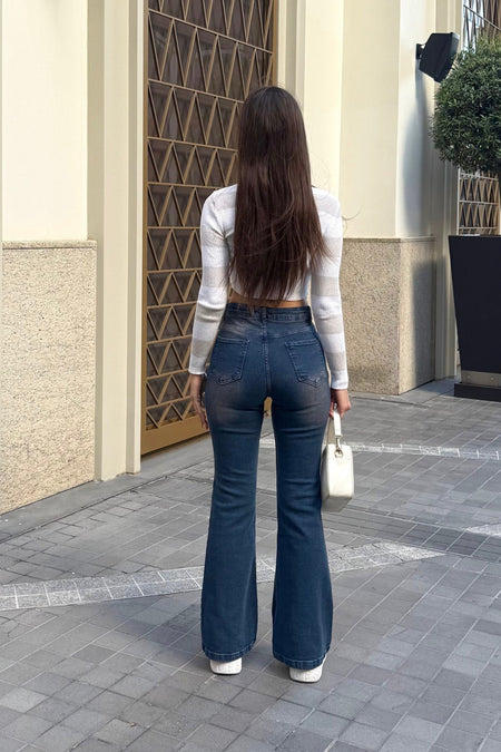 Kadın Yüksek Bel Likralı/Esnek İspanyol Paça Pantolon Koyu Lacivert - MALLTURK