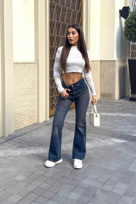 Kadın Yüksek Bel Likralı/Esnek İspanyol Paça Pantolon Koyu Lacivert - MALLTURK