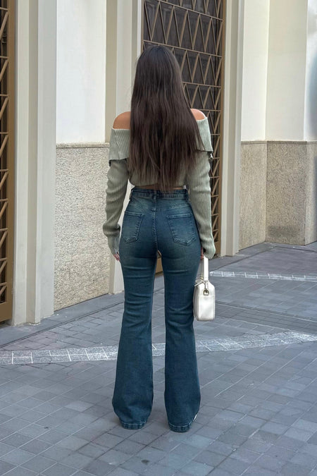 Kadın Yüksek Bel Likralı/Esnek İspanyol Paça Pantolon Koyu Mavi - MALLTURK