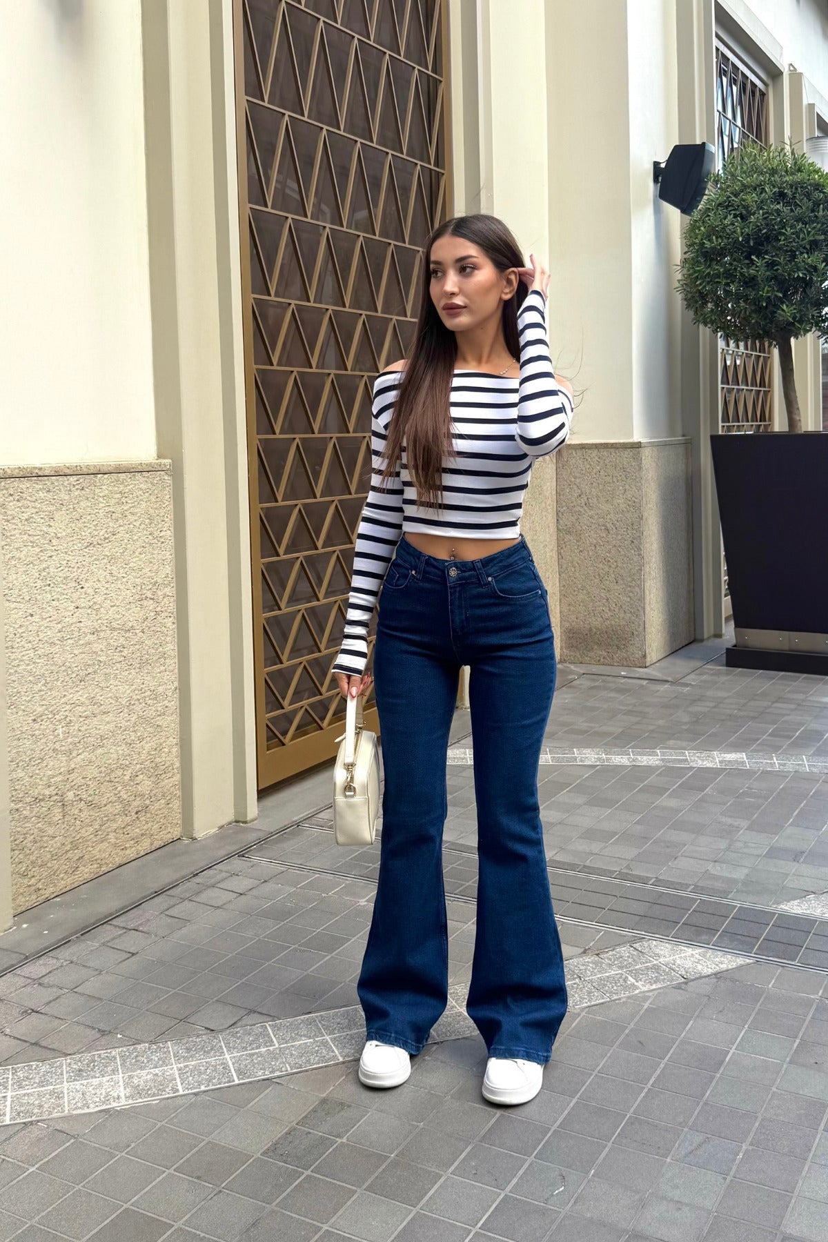 Kadın Yüksek Bel Likralı/Esnek İspanyol Paça Pantolon Lacivert - MALLTURK