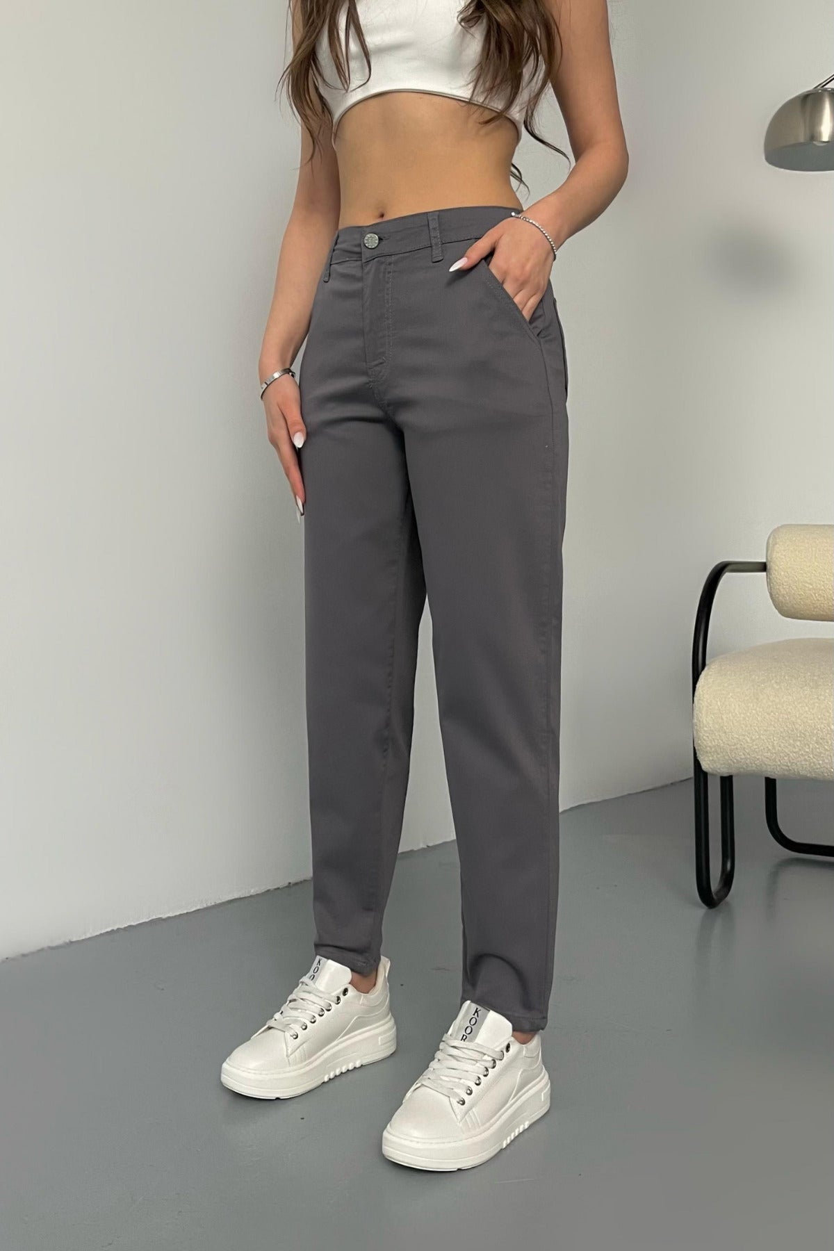Kadın Yüksek Bel Likralı/Esnek Mom Pantolon GRİ - MALLTURK