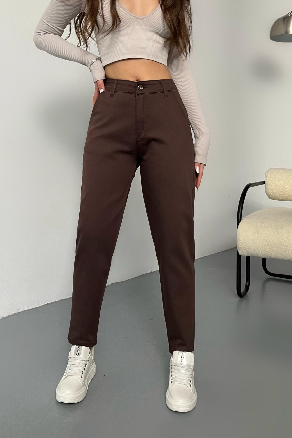 Kadın Yüksek Bel Likralı/Esnek Mom Pantolon Kahverengi - MALLTURK