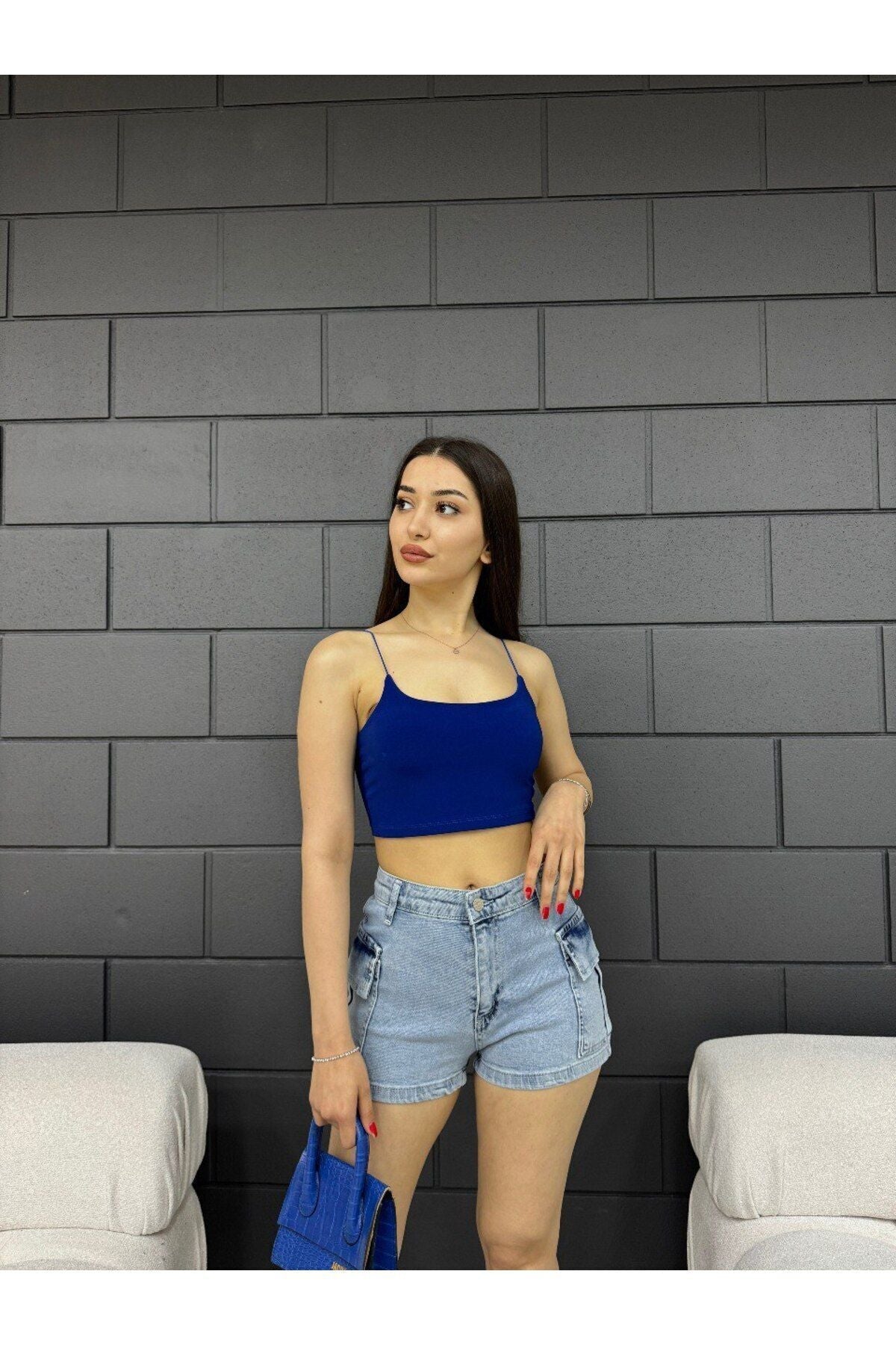Kadın Yüksek Bel Mini Kargo Cep Detaylı Denim Şort Açık mavi - MALLTURK