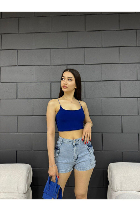 Kadın Yüksek Bel Mini Kargo Cep Detaylı Denim Şort Açık mavi - MALLTURK