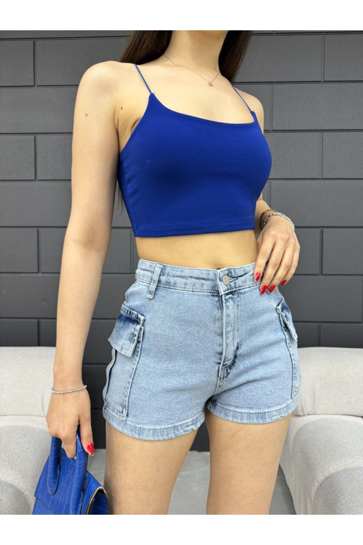 Kadın Yüksek Bel Mini Kargo Cep Detaylı Denim Şort Açık mavi - MALLTURK
