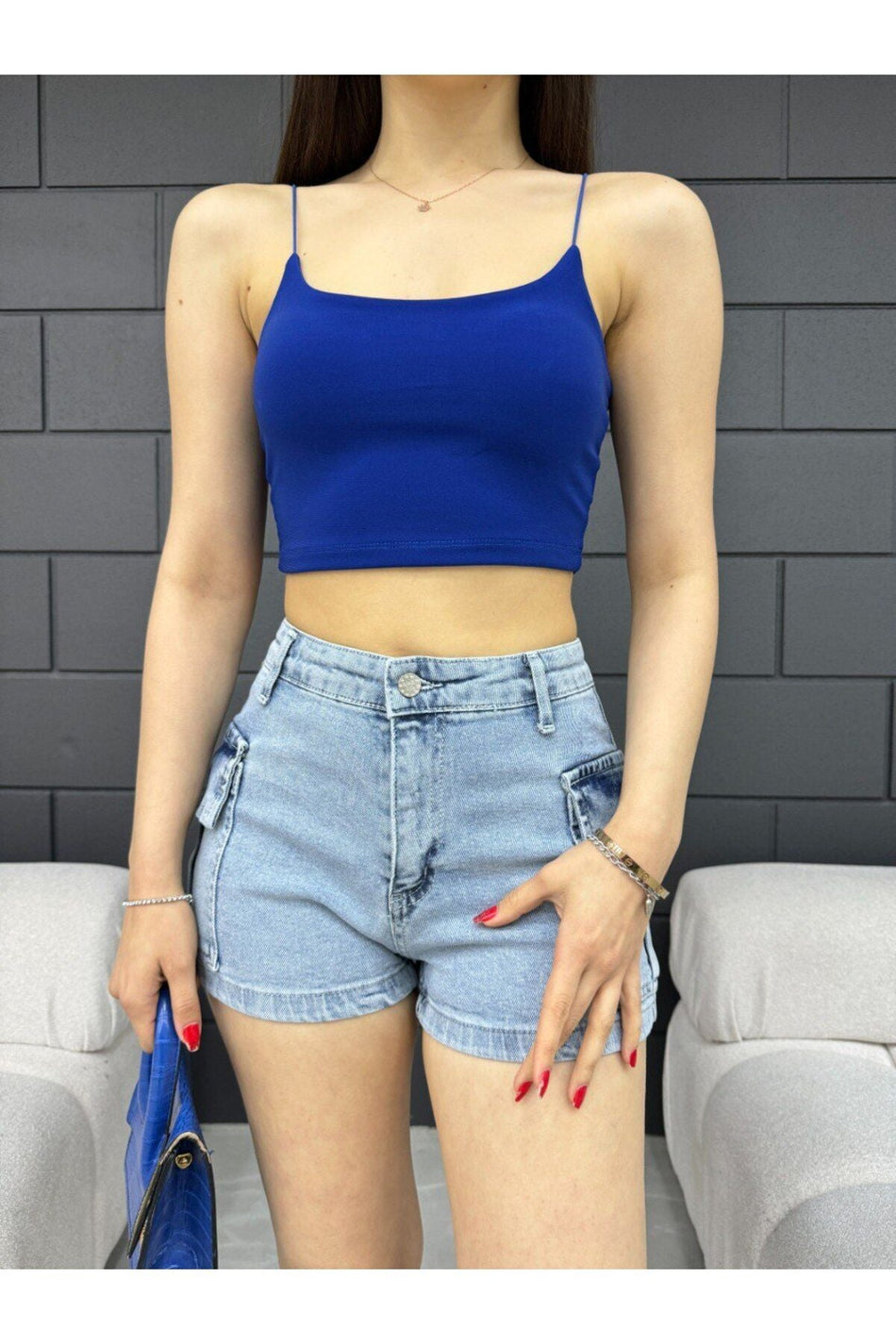 Kadın Yüksek Bel Mini Kargo Cep Detaylı Denim Şort Metalik - MALLTURK