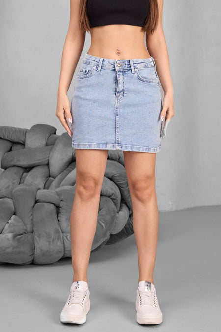 Kadın Yüksek Bel Mini Kot Denim Etek buz mavi - MALLTURK