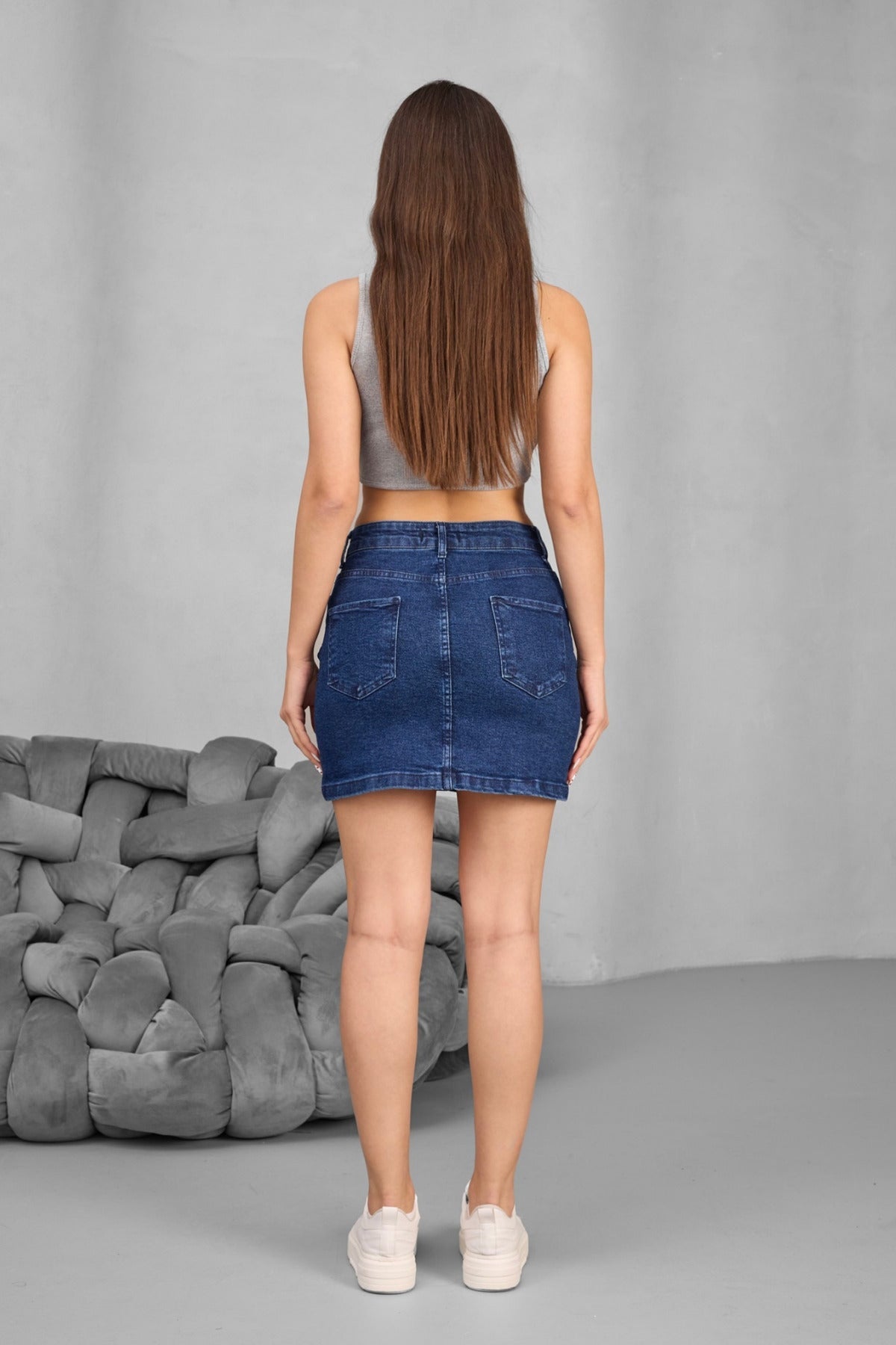 Kadın Yüksek Bel Mini Kot Denim Etek Lacivert - MALLTURK