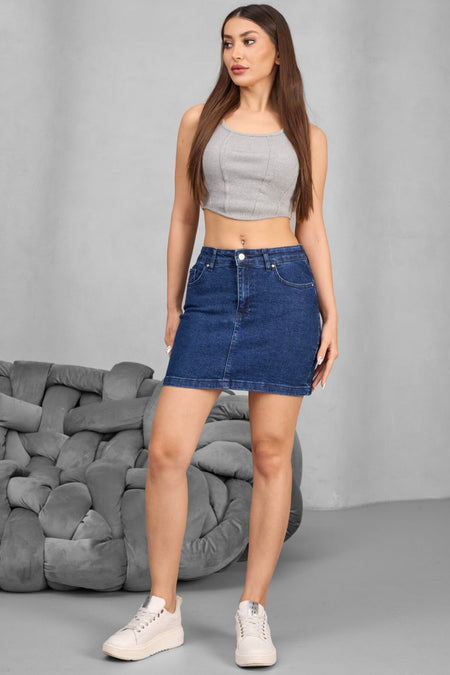 Kadın Yüksek Bel Mini Kot Denim Etek Lacivert - MALLTURK