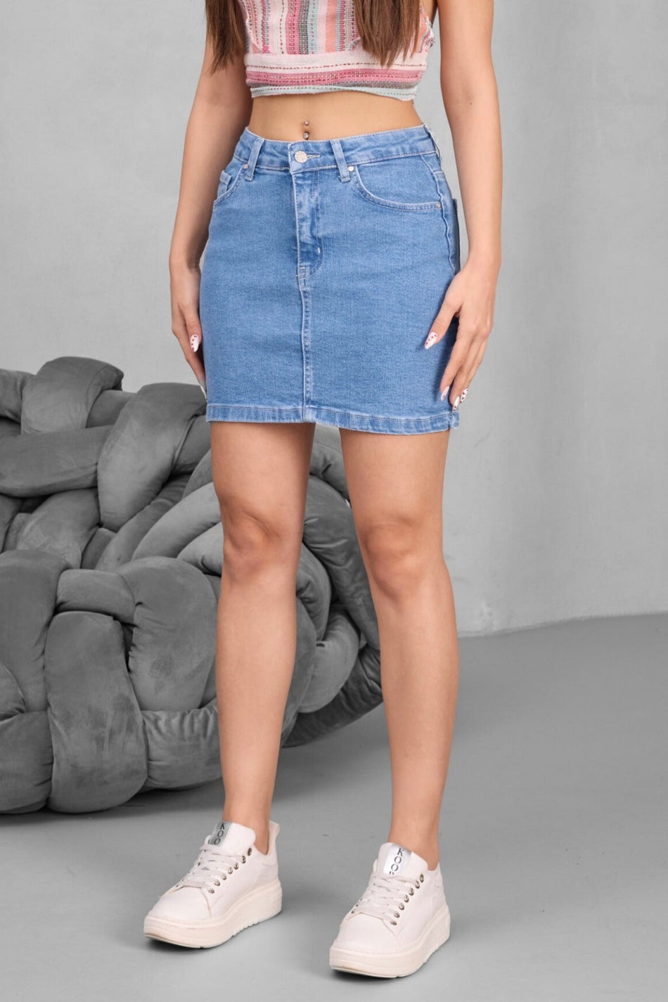 Kadın Yüksek Bel Mini Kot Denim Etek mavi - MALLTURK