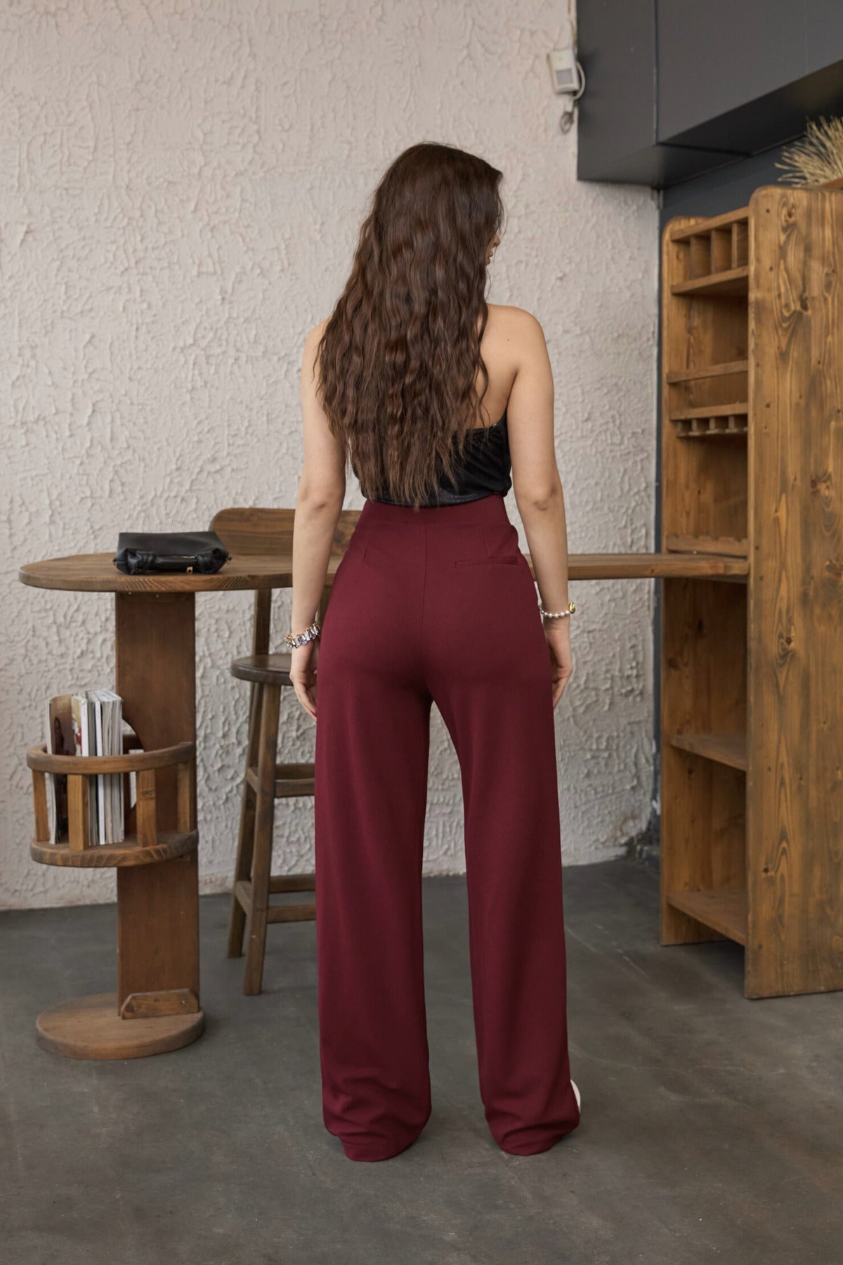 Kadın Yüksek Bel Oversize Kalıp Likralı Geniş Paça Palazzo Pantolon Bordo - MALLTURK