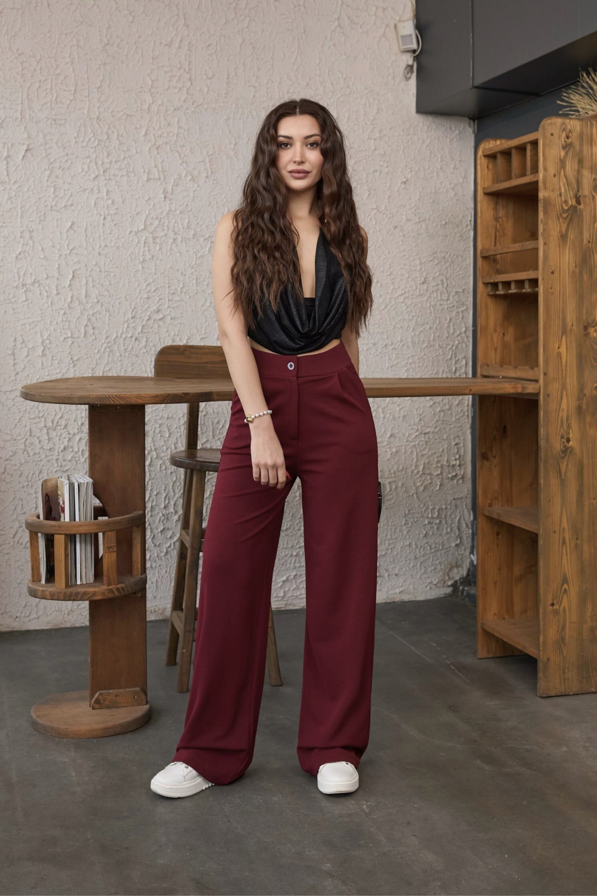 Kadın Yüksek Bel Oversize Kalıp Likralı Geniş Paça Palazzo Pantolon Bordo - MALLTURK