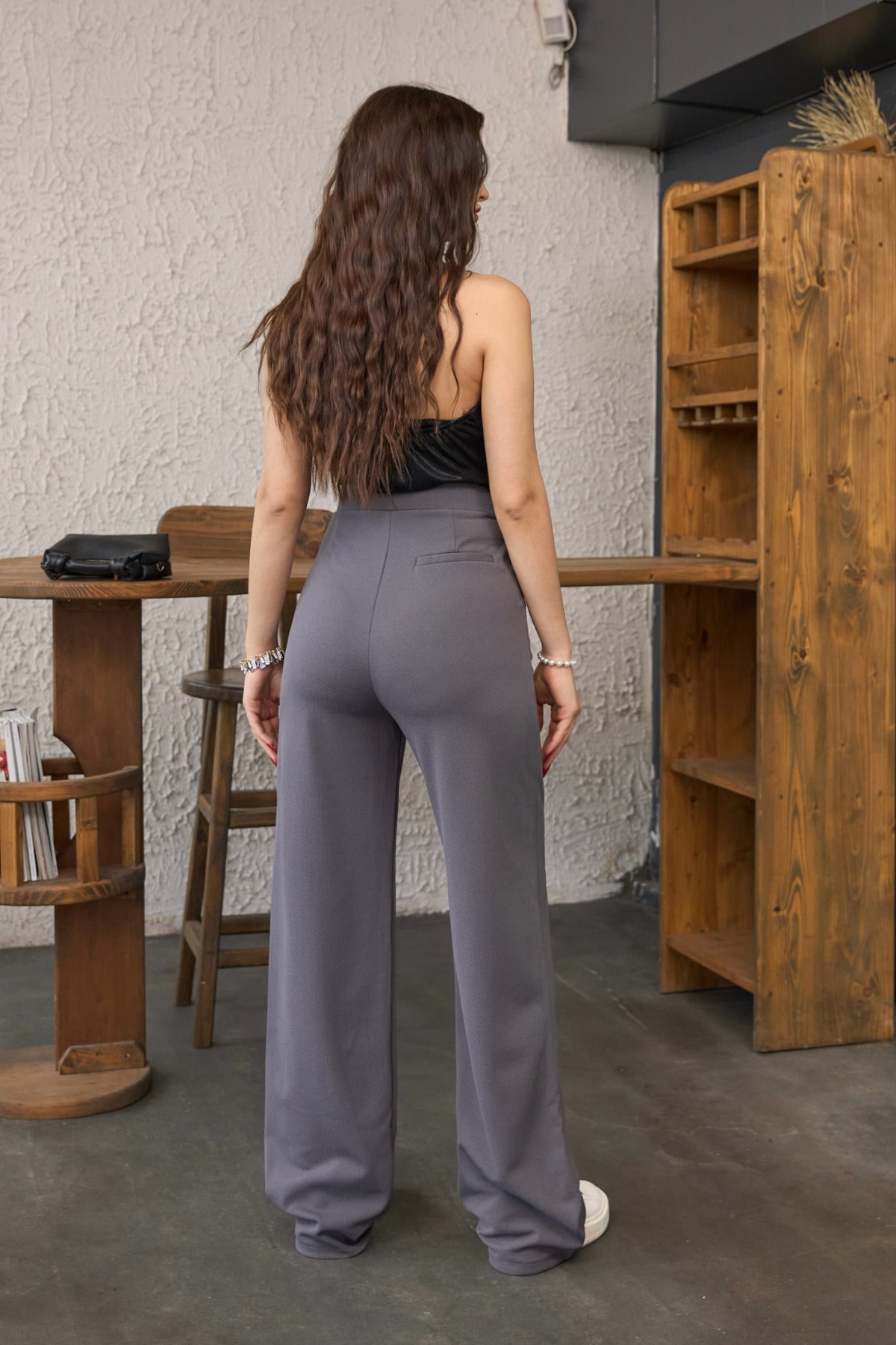 Kadın Yüksek Bel Oversize Kalıp Likralı Geniş Paça Palazzo Pantolon Gri - MALLTURK