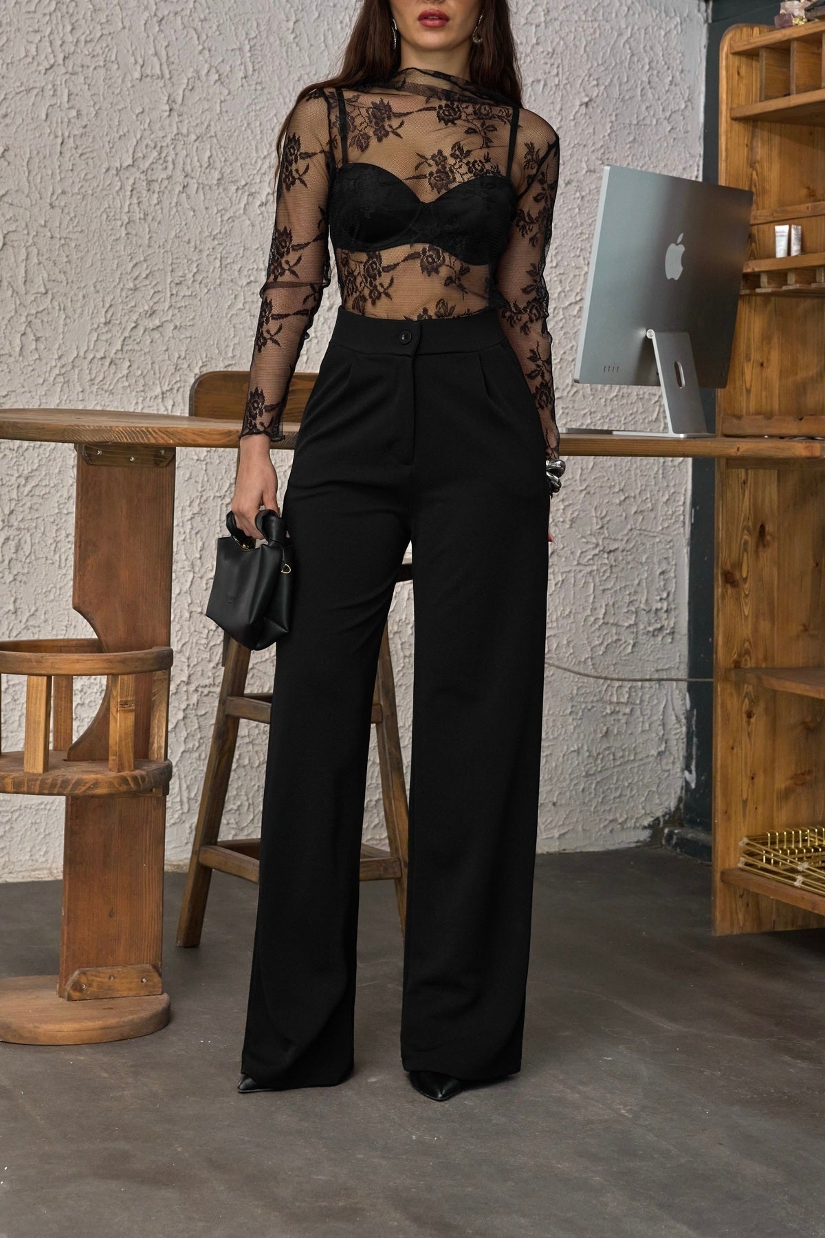 Kadın Yüksek Bel Oversize Kalıp Likralı Geniş Paça Palazzo Pantolon Siyah - MALLTURK