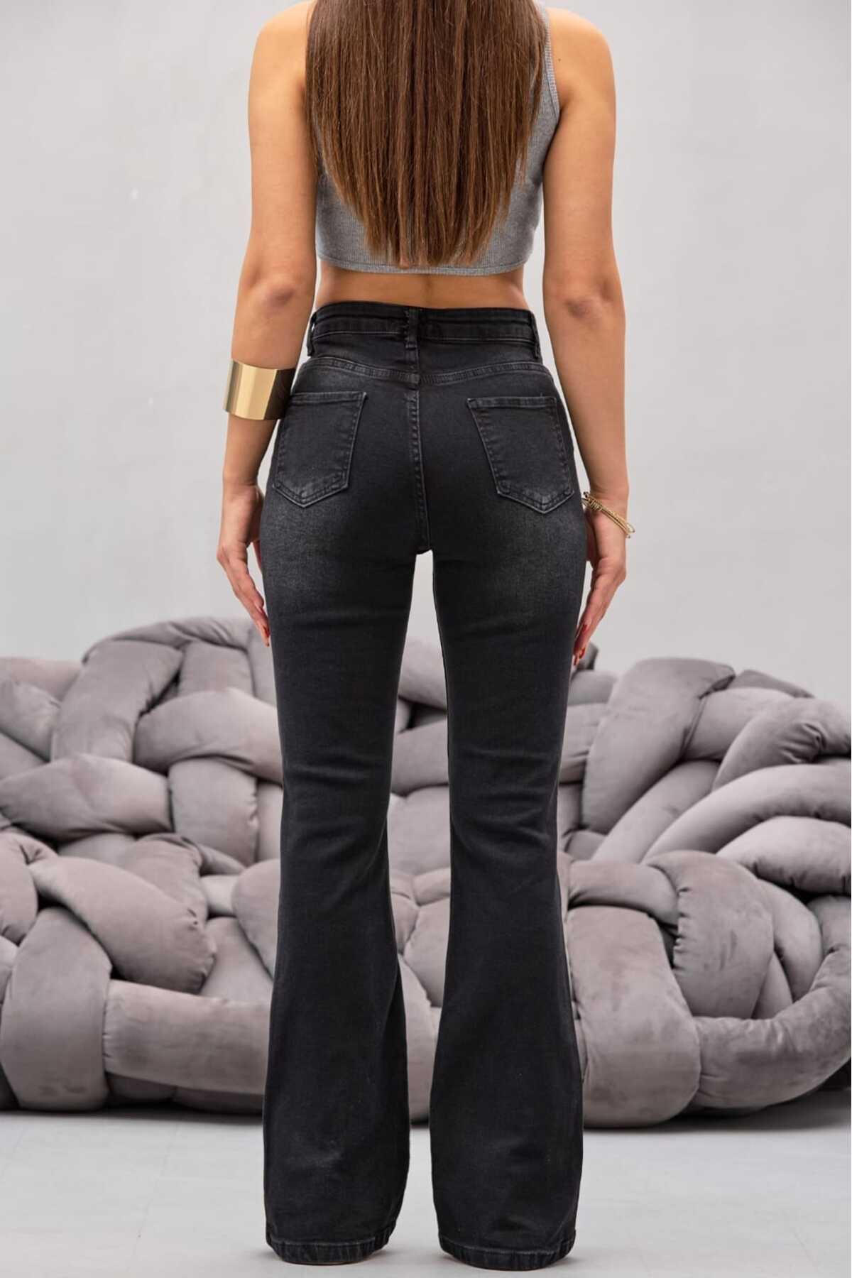 Kadın Yüksek Bel Siyah Efektli Esnek İspanyol Paça Jeans - MALLTURK