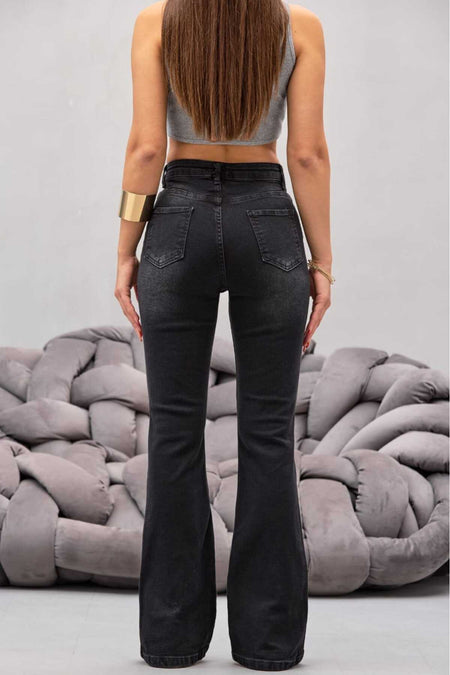Kadın Yüksek Bel Siyah Efektli Esnek İspanyol Paça Jeans - MALLTURK