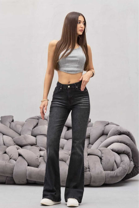 Kadın Yüksek Bel Siyah Efektli Esnek İspanyol Paça Jeans - MALLTURK
