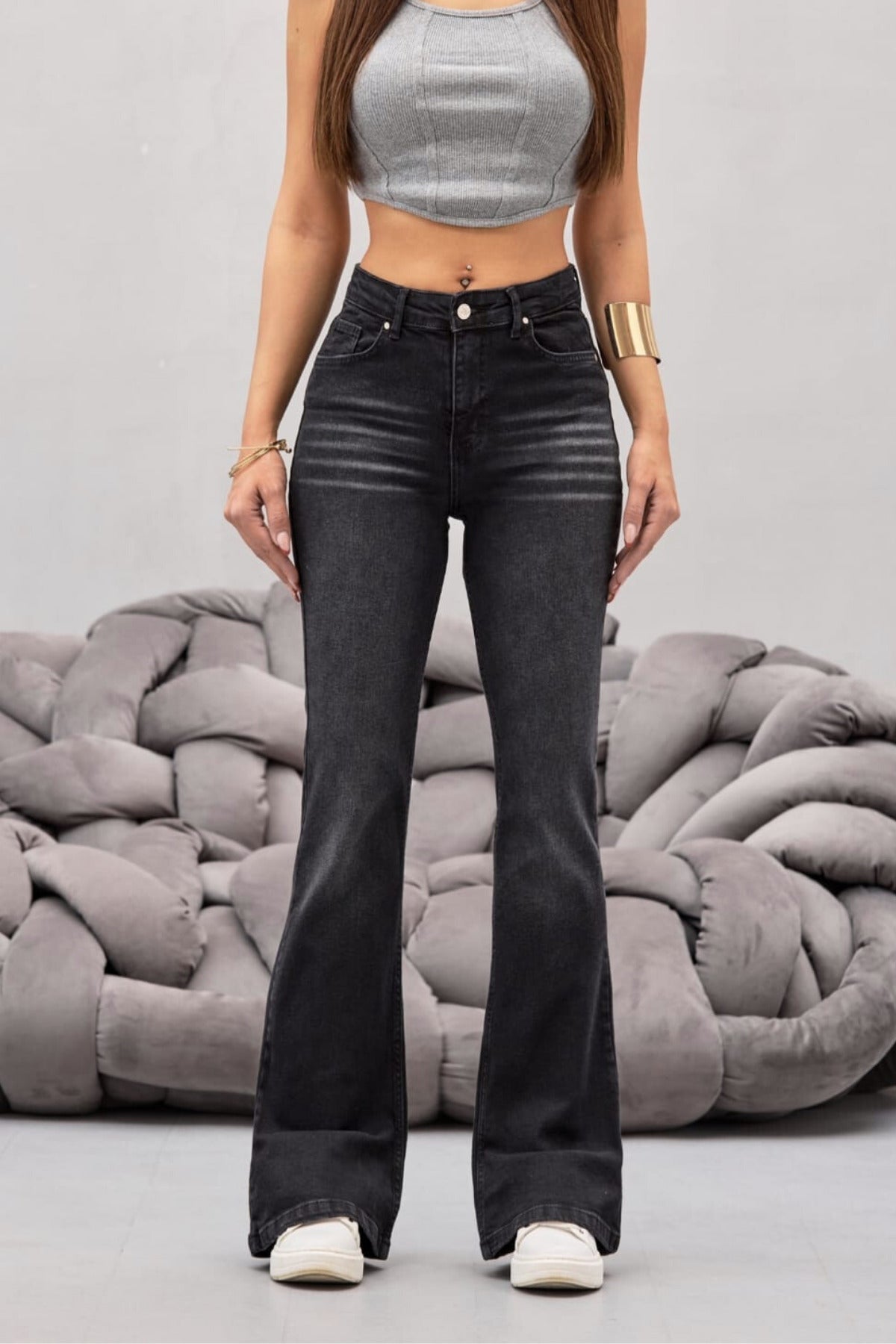 Kadın Yüksek Bel Siyah Efektli Esnek İspanyol Paça Jeans - MALLTURK