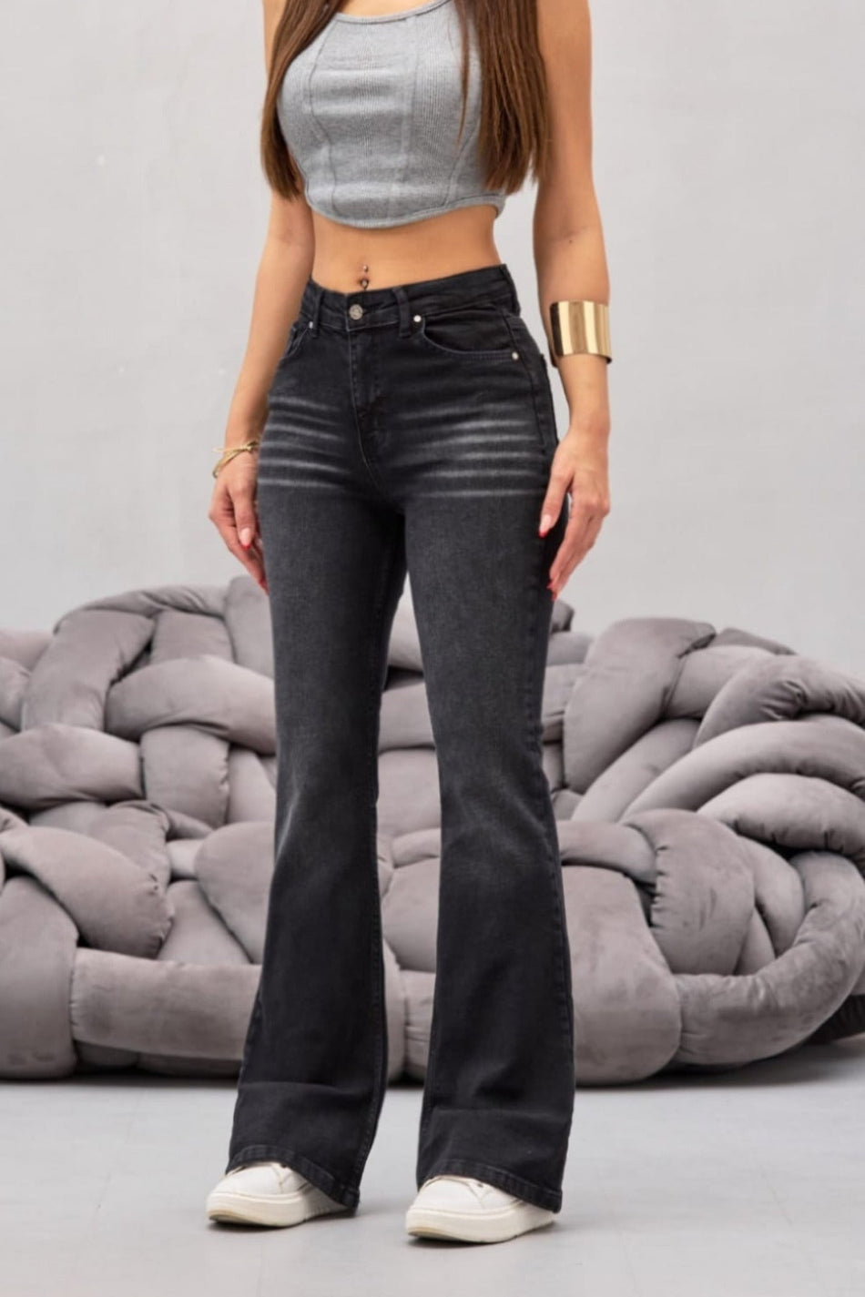 Kadın Yüksek Bel Siyah Efektli Esnek İspanyol Paça Jeans - MALLTURK