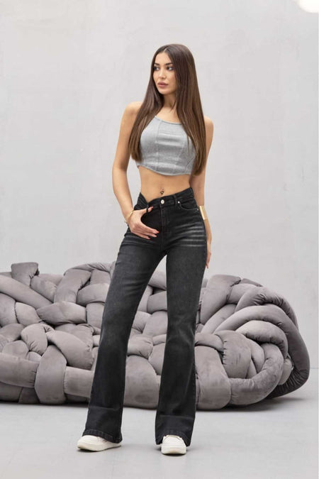 Kadın Yüksek Bel Siyah Efektli Esnek İspanyol Paça Jeans - MALLTURK