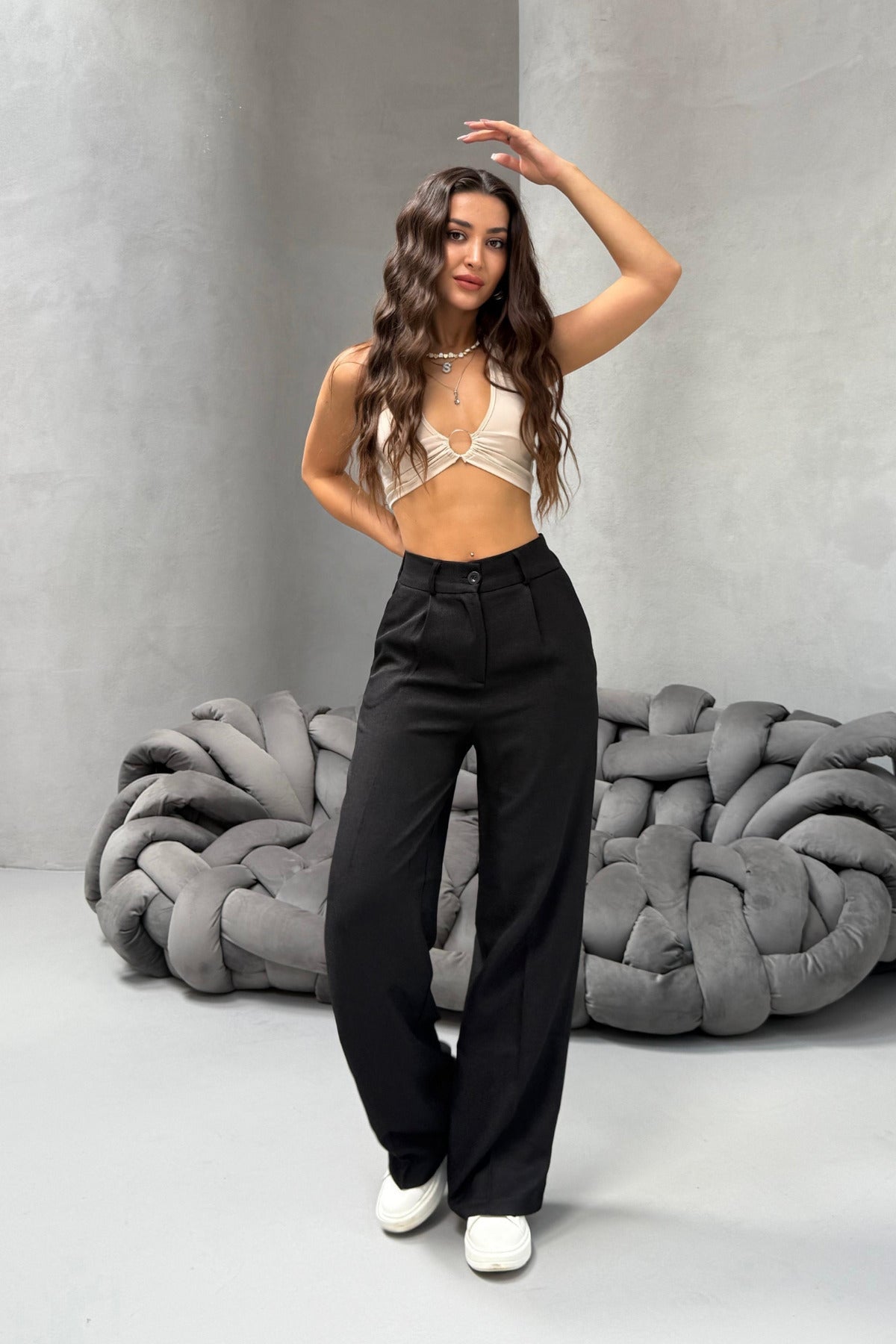 Kadın Yüksek Bel Wide Leg Beli Lastikli Bol Paça Rahat Kalıp Palazzo Pantolon Çok Renkli - MALLTURK