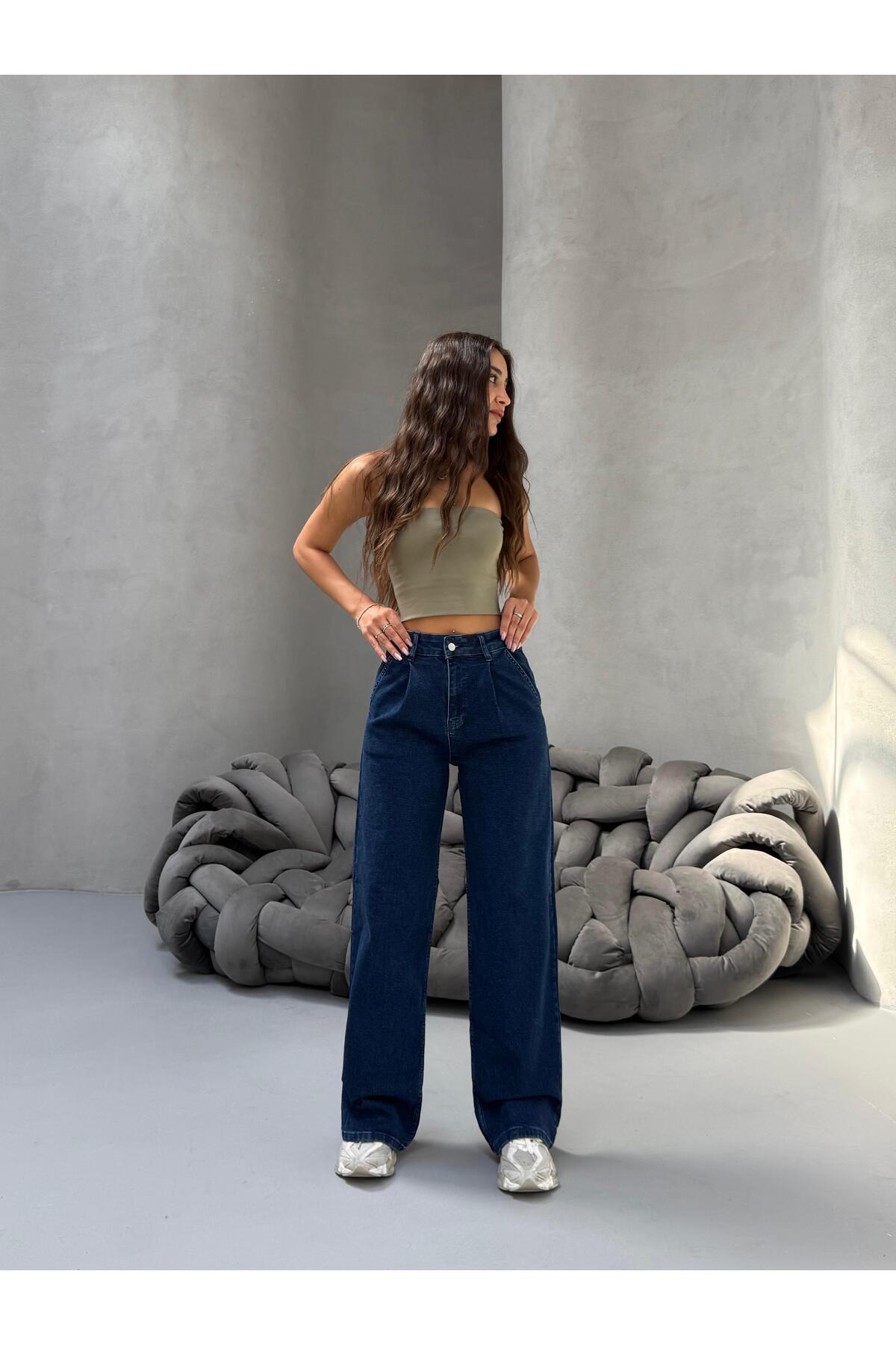 Kadın Yüksek Bel Wide Leg Salaş Pileli Palazzo Jeans Pantolon Lacivert - MALLTURK