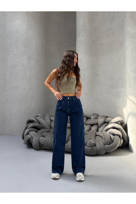 Kadın Yüksek Bel Wide Leg Salaş Pileli Palazzo Jeans Pantolon Lacivert - MALLTURK