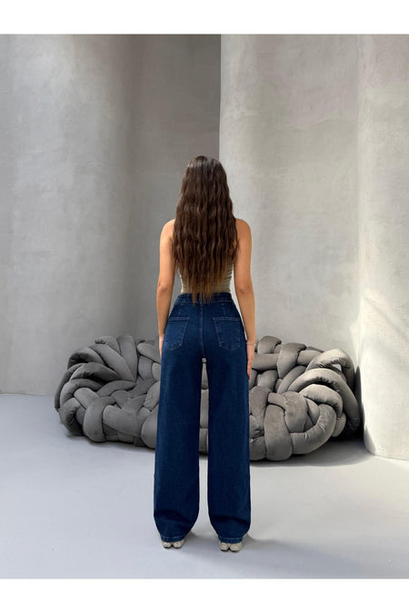 Kadın Yüksek Bel Wide Leg Salaş Pileli Palazzo Jeans Pantolon Lacivert - MALLTURK