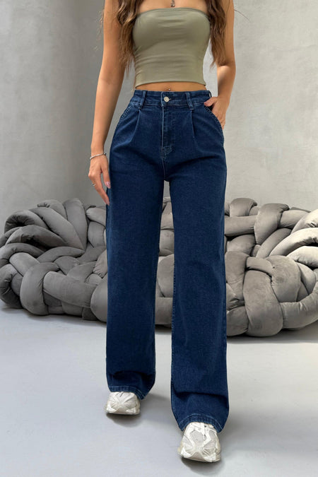 Kadın Yüksek Bel Wide Leg Salaş Pileli Palazzo Jeans Pantolon Lacivert - MALLTURK