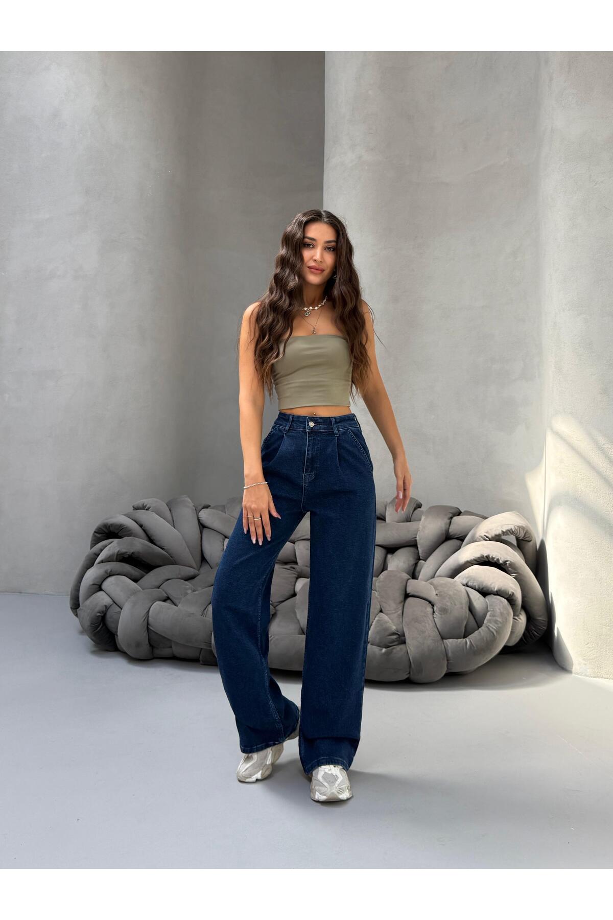 Kadın Yüksek Bel Wide Leg Salaş Pileli Palazzo Jeans Pantolon Lacivert - MALLTURK