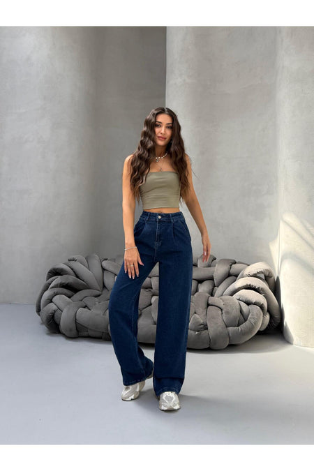 Kadın Yüksek Bel Wide Leg Salaş Pileli Palazzo Jeans Pantolon Lacivert - MALLTURK