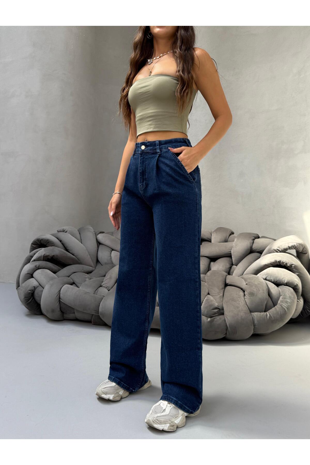 Kadın Yüksek Bel Wide Leg Salaş Pileli Palazzo Jeans Pantolon Lacivert - MALLTURK