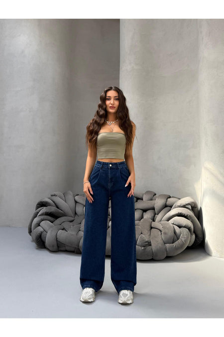 Kadın Yüksek Bel Wide Leg Salaş Pileli Palazzo Jeans Pantolon Lacivert - MALLTURK
