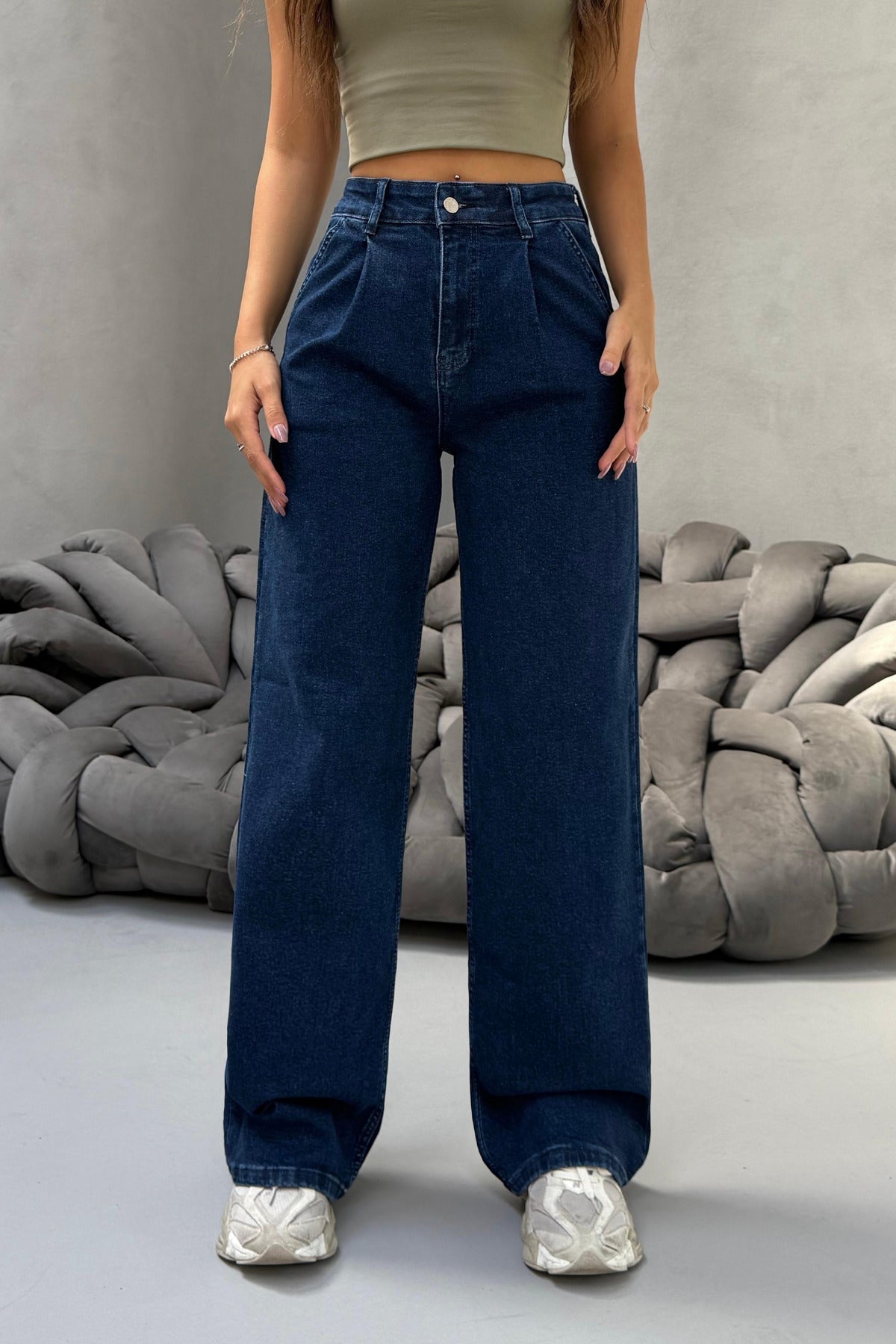 Kadın Yüksek Bel Wide Leg Salaş Pileli Palazzo Jeans Pantolon Lacivert - MALLTURK