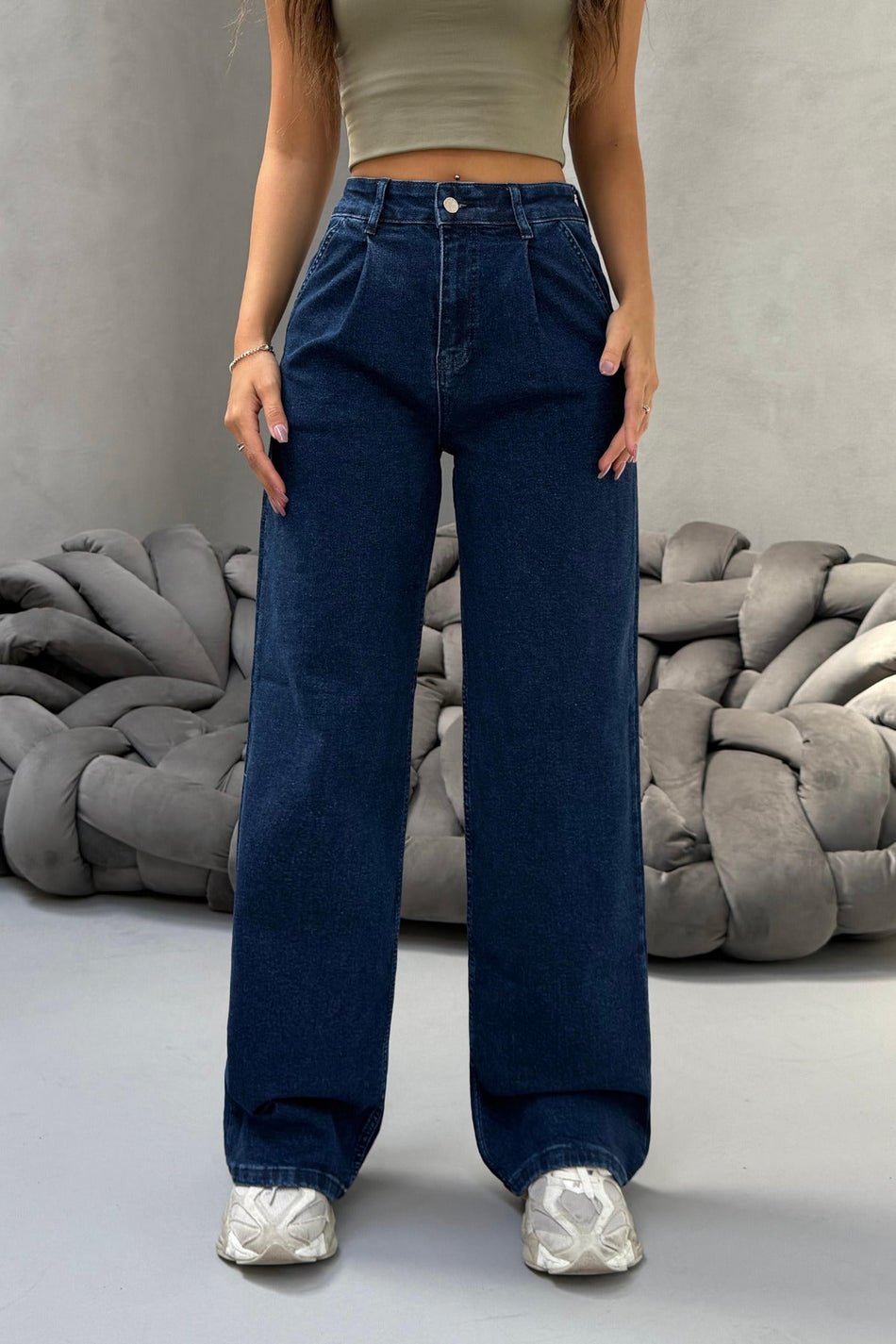 Kadın Yüksek Bel Wide Leg Salaş Pileli Palazzo Jeans Pantolon Lacivert - MALLTURK